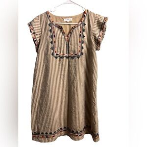 Embroidered striped shift dress tunic length tan casual THML size Large casual